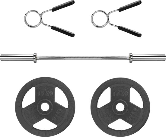 RYZOR Halterset - Olympische halterstang 152 cm met gietijzeren halterschijven - 2 x 15 kg - Barbellstang - Fitness stang - Bankdrukken - Gewichtheffen - Halterstang set - Halterstang met gewichten - 50 mm - incl. veersluiting - Grijs - Staal
