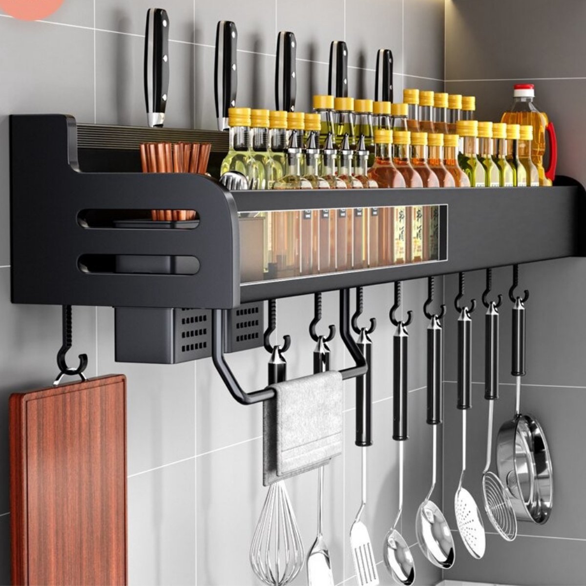 Kruidenrekken Wandmontage, Hangende Kruidenplank Met Haken Handdoekhouder Kruidenrekken Organisator Voor Keuken Badkamer (Maat: 60cm, Kleur: Zwart