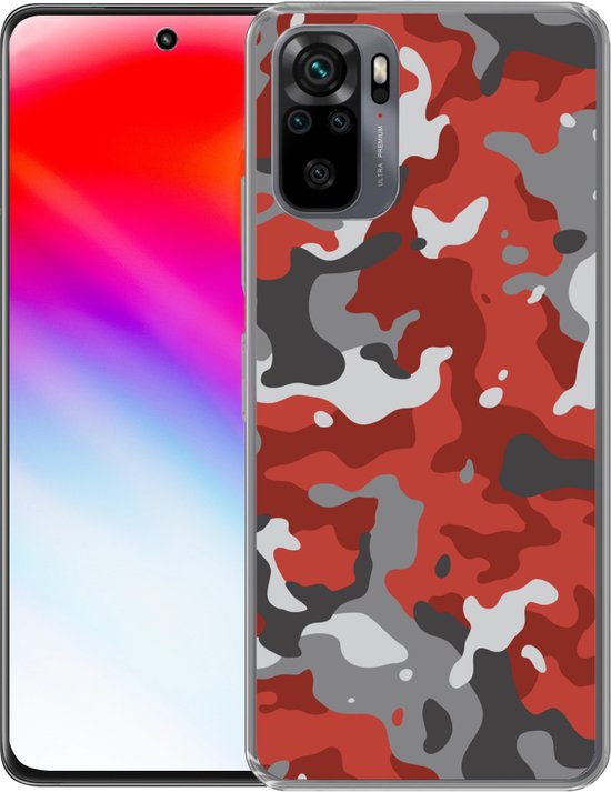 Coque Xiaomi Redmi Note 10 - Rouge avec Motif camouflage Gris - Coque de Téléphone en Siliconen