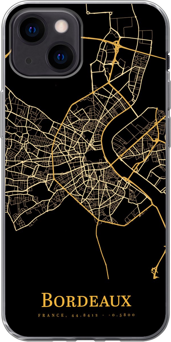 Telefoonhoesje Geschikt voor iPhone 13 mini hoesje - Bordeaux - Kaart - Goud - Siliconen Telefoonhoesje Telefoonhoesje