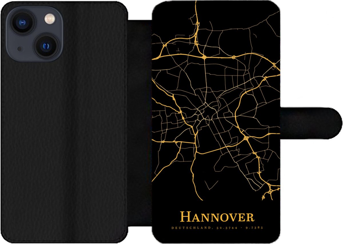 Telefoonhoesje Geschikt voor iPhone 13 Mini telefoonhoesje - Hannover - Kaart - Goud - Met vakjes - Wallet case met magneetsluiting