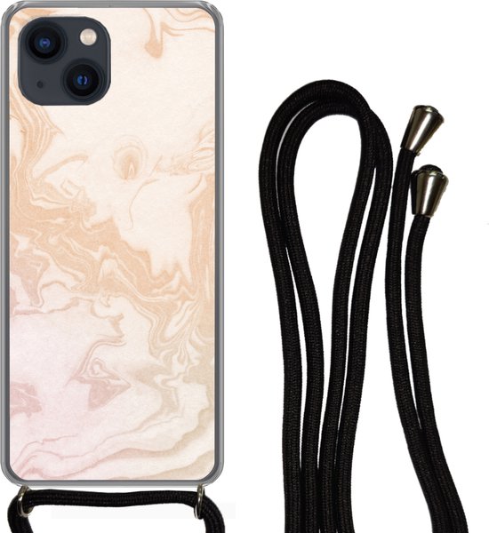 Cordon téléphonique - Chaîne téléphonique - Coque avec cordon iPhone 13 Mini - Marbre - Oranje - Wit - Siliconen - Bandoulière - Coque pour téléphone avec cordon