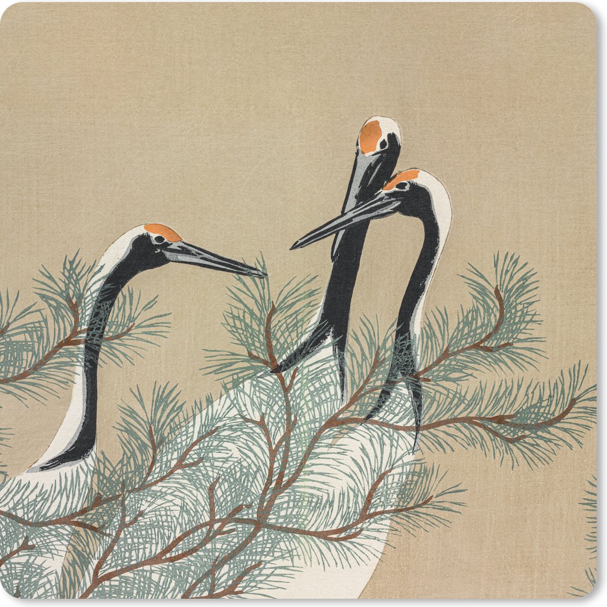 Muismat 30x30 cm - Mousepad Bladeren - Kraanvogel - Japans - Vintage - Muismatten