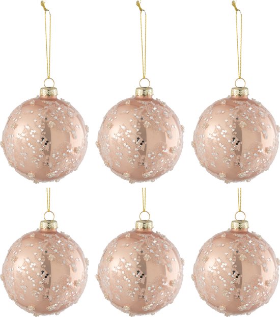 J-Line Doos Van 6 Kerstballen Suiker/Zilver Glitter Glas Mat/Blinkend Licht Roze Small