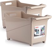 Set van 3x stuks kunststof trolleys lichtbruin op wieltjes L45 x B24 x H27 cm - Voorraad/opberg boxen/bakken