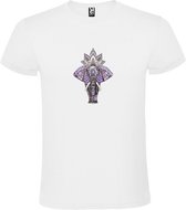 Wit T-shirt met Olifant en Lotusbloem in paars tinten size XS