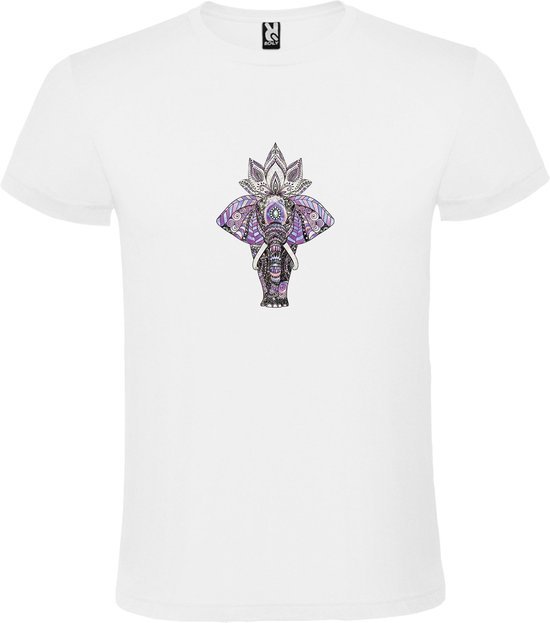 Wit T-shirt met Olifant en Lotusbloem in paars tinten size XS
