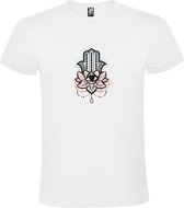 Wit T-shirt met Hamsa Hand in Roze en zacht Groen size 4Xl