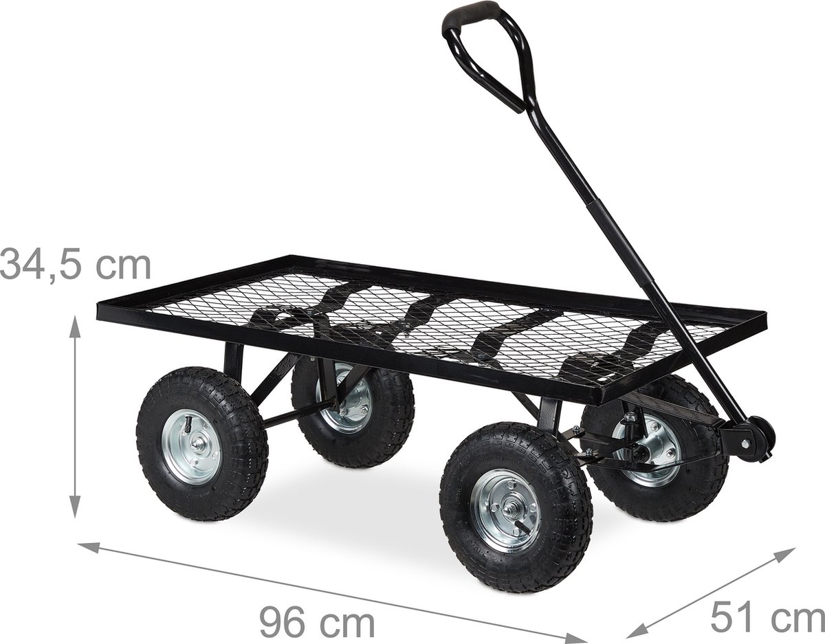 Relaxdays bolderkar tuin - platte tuinwagen - luchtbanden - 200 kg -  transportkar - staal | bol
