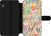 Bookcase Geschikt voor iPhone XR telefoonhoesje - Een illustratie met hartjes op de achtergrond - Met vakjes - Wallet case met magneetsluiting