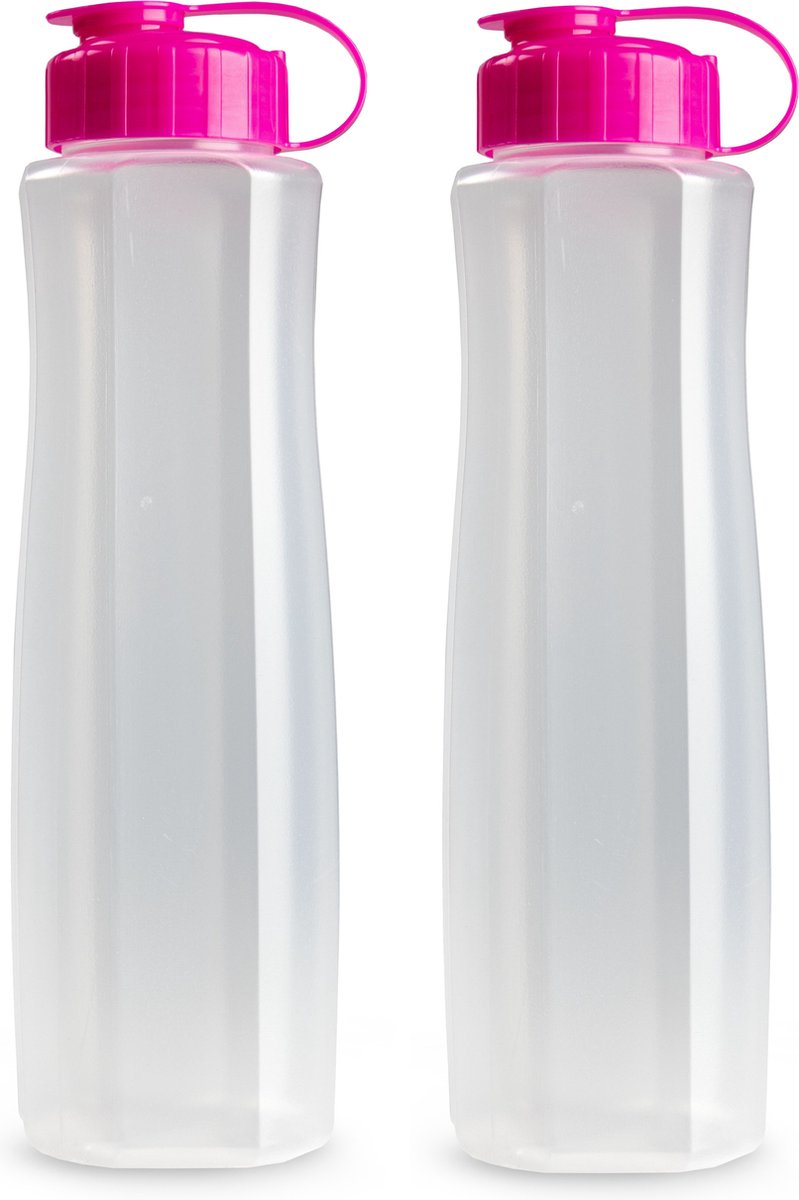 2x stuks kunststof waterflessen 1500 ml transparant met dop roze - Drinkflessensen/sport/fitness flessen