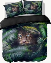 Y-NOT - Peeking Leopard - Dekbedovertrek - Katoensatijn - Eenpersoons - 140x200/220 cm - Groen