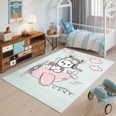 Tapiso Baby Vloerkleed Blauw Roze Vliegtuig Kinderkamer Tapijt Maat- 120x170