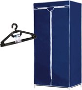Set van mobiele opvouwbare kledingkast met blauwe hoes 160 cm en 10x plastic kledinghangers zwart