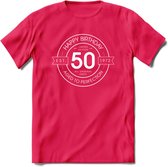 50th Happy Birthday T-shirt | Vintage 1972 Aged to Perfection | 50 jaar Abraham en Sarah verjaardag cadeau | Grappig feest shirt Heren – Dames – Unisex kleding | - Roze - S