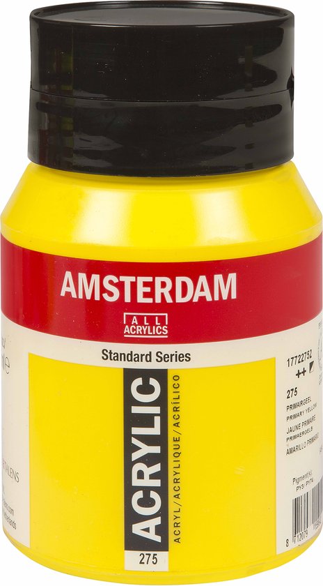 Pot de peinture acrylique jaune Amsterdam Standard Series, 500 ml, avec le texte 'ACRYLIC' verticalement.