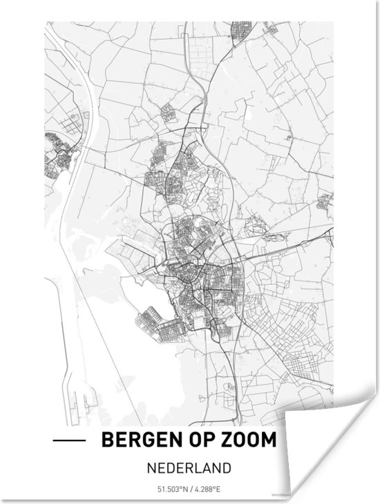Poster Stadskaart Bergen op Zoom Zwart Wit 120x160 cm XXL