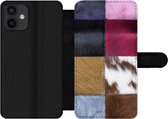 Bookcase Geschikt voor iPhone 12 telefoonhoesje - Een kleurrijk en geruit tapijt met onder andere een koeienhuid - Met vakjes - Wallet case met magneetsluiting