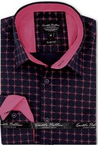 Heren Overhemd - Slim Fit - Pink Pluses Motif - Blauw - Maat L