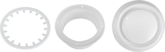 Drie witte ventilatieonderdelen: een tandwielring, een ronde aansluitbus en een afzuigventiel.