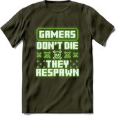 Gamers don't die pixel T-shirt | Neon Groen | Gaming kleding | Grappig game verjaardag cadeau shirt Heren – Dames – Unisex | - Leger Groen - XL