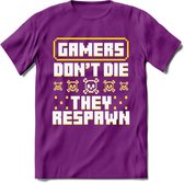 Gamers don't die pixel T-shirt | Geel | Gaming kleding | Grappig game verjaardag cadeau shirt Heren – Dames – Unisex | - Paars - M