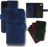 Samsung Galaxy A22 5G Hoesje Blauw - Handgemaakt Echt Lederen Portemonnee Book Case
