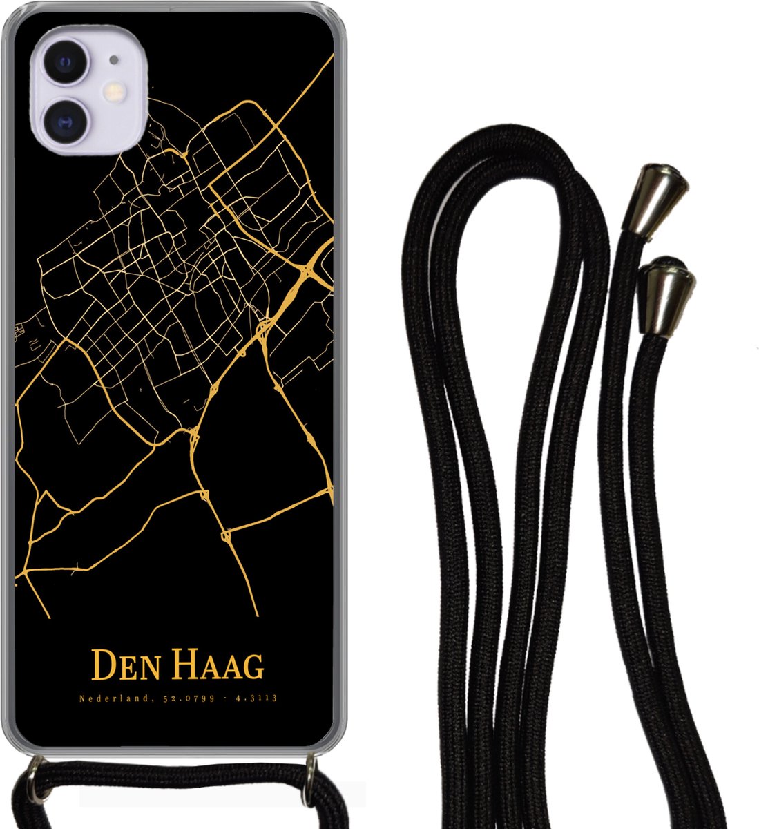 Telefoonkoord - Telefoonketting - Telefoonhoesje Geschikt voor iPhone 12 Mini - Den Haag - Stadskaart - Black and gold - Siliconen - Crossbody - Telefoonhoesje met koord Telefoonhoesje