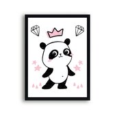 Schilderij  Roze panda de superster met kroontje - Roze hartje / Dieren / 40x30cm