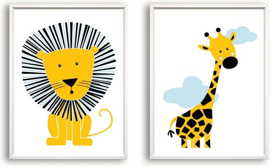 Schilderij Set 2 Stoere Leeuw Giraffe met Wolkjes - Kinderkamer - Dieren Schilderij - Babykamer / Kinder Schilderij - Babyshower Cadeau -...