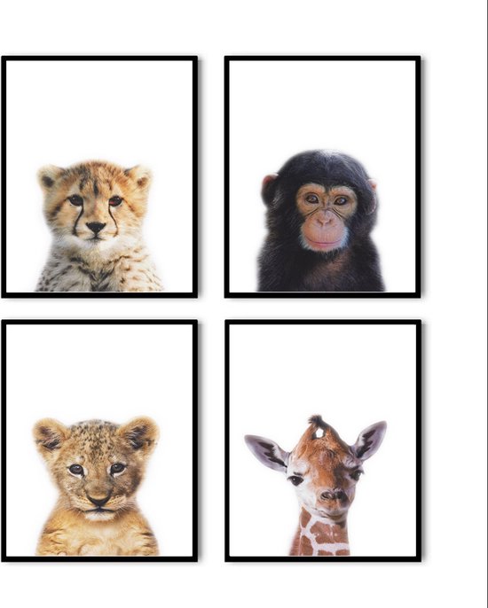 Postercity - Design Canvas Poster Jungle Set Baby Aapje, Giraffe, Cheeta en Tijger / Kinderkamer / Dieren Poster / Babykamer - Kinderposter / Babyshower Cadeau / Muurdecoratie / 50 x 40cm