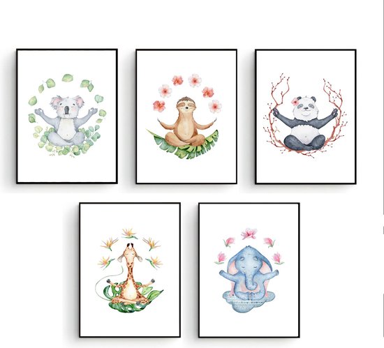 Postercity - Design Canvas Poster Set Yoga Giraffe, Luiaard, Panda, Koala & Olifant Namaste / Kinderkamer / Dieren Poster / Babykamer - Kinderposter / Babyshower Cadeau / Muurdecoratie / 30 x 21cm / A4