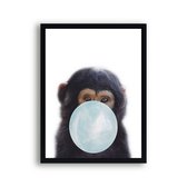 Schilderij  Jungle aap met blauwe kauwgom - Jungle dieren / Kauwgombel / 40x30cm
