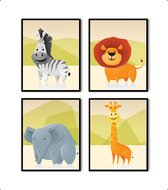 Schilderij  Set 4 Dikke dieren leeuw giraf zebra en olifant / Jungle / Safari / 30x21cm