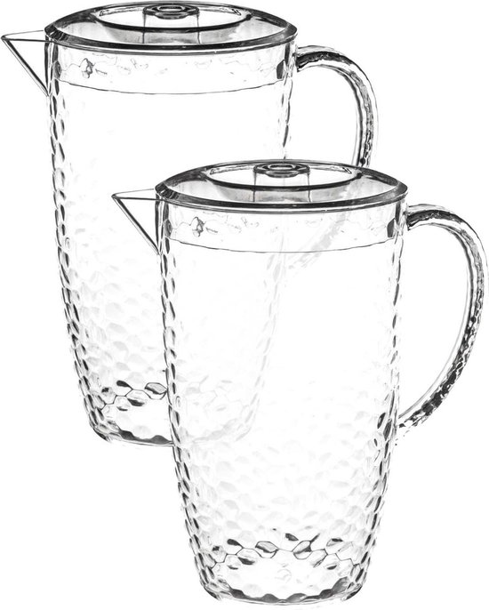 Set de 2 carafes pichet/pichet à jus avec couvercle 2 litres transparent - Dimensions : 20,5 x 13,8 x 24 cm - Matière : plastique