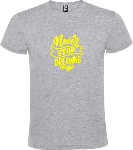Grijs  T shirt met  print van " Never Stop Dreaming " print Neon Geel size XL