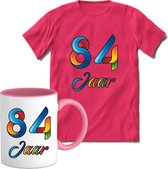 84 Jaar Vrolijke Verjaadag T-shirt met mok giftset Roze | Verjaardag cadeau pakket set | Grappig feest shirt Heren – Dames – Unisex kleding | Koffie en thee mok | Maat L