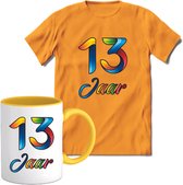 13 Jaar Vrolijke Verjaadag T-shirt met mok giftset Geel | Verjaardag cadeau pakket set | Grappig feest shirt Heren – Dames – Unisex kleding | Koffie en thee mok | Maat 3XL