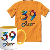 39 Jaar Vrolijke Verjaadag T-shirt met mok giftset Geel | Verjaardag cadeau pakket set | Grappig feest shirt Heren – Dames – Unisex kleding | Koffie en thee mok | Maat XL