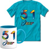 51 Jaar Vrolijke Verjaadag T-shirt met mok giftset Blauw | Verjaardag cadeau pakket set | Grappig feest shirt Heren – Dames – Unisex kleding | Koffie en thee mok | Maat M