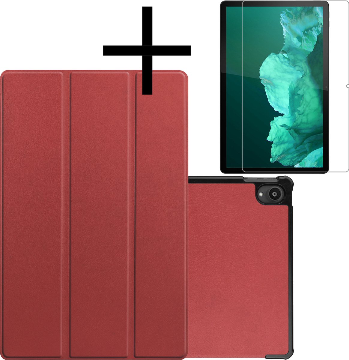 Hoes - Geschikt voor Lenovo Tab P11 - Met Screenprotector - Trifold Bookcase - Hard Cover - Hardcover Book Case - Tablet Hoesje - Donkerrood