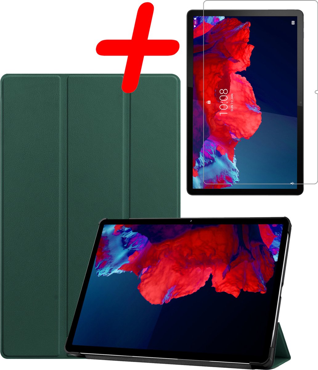 Hoesje Geschikt voor Lenovo Tab P11 - Met Screenprotector - Trifold Bookcase - Hard Cover - Hardcover Book Case - Tablet Hoes - Donkergroen