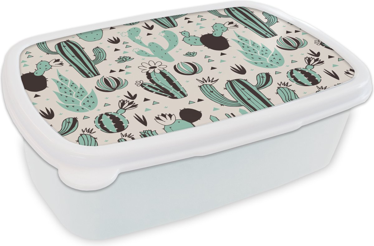 Broodtrommel Wit - Lunchbox - Brooddoos - Cactus - Patroon - Bloemen - 18x12x6 cm - Volwassenen