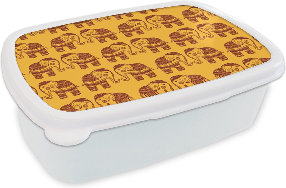 Broodtrommel Wit - Lunchbox - Brooddoos - Patronen - Olifant - India - 18x12x6 cm - Volwassenen