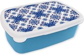 Broodtrommel Blauw - Lunchbox - Brooddoos - Tegel - Bloem - Blauw - Patroon - 18x12x6 cm - Kinderen - Jongen