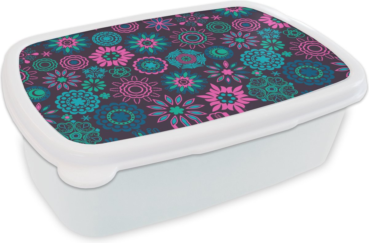 Broodtrommel Wit - Lunchbox - Brooddoos - Neon - Bloemen - Patronen - 18x12x6 cm - Volwassenen