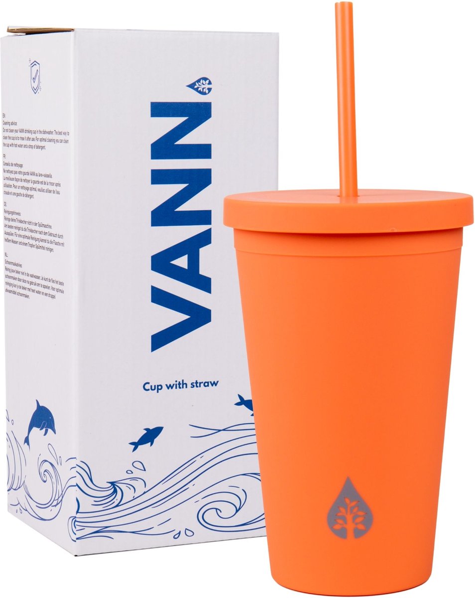 Beker met rietje en deksel starbucks milkshake beker voor take away – herbruikbare plastic drinkbeker oranje 500ml - VANN