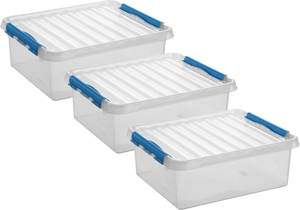 3x stuks opberg box/opbergdoos 25 liter 50 x 40 x 18 cm - Opslagbox - Opbergbak kunststof transparant/blauw