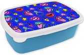 Broodtrommel Blauw - Lunchbox - Brooddoos - Patroon - Popart - Neon - Blauw - 18x12x6 cm - Kinderen - Jongen