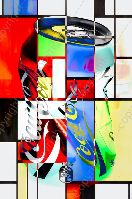 JJ-Art (Aluminium) 90x60 | Gedeukt blikje frisdrank in Mondriaan stijl - popart - woonkamer - slaapkamer | abstract, drank, modern, rood, geel, blauw, wit | Foto-Schilderij print op Dibond (metaal wanddecoratie) | KIES JE MAAT